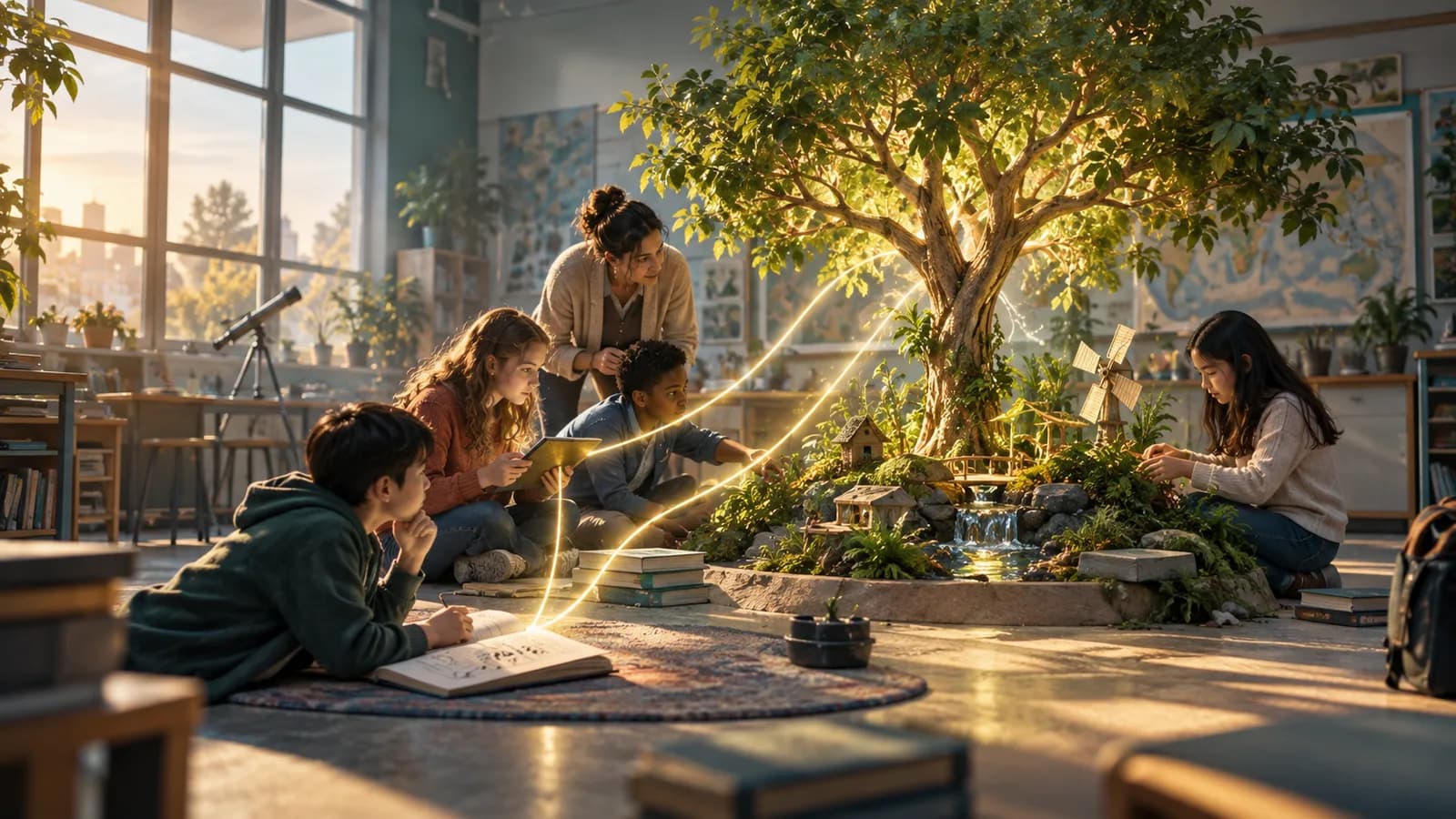 Students and a teacher gathered around a glowing tree and a small ecosystem in a bright classroom, representing education software that improves student engagement.
