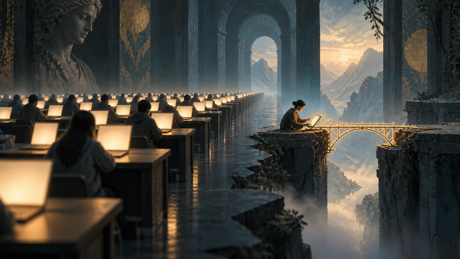 Rows of students at identical glowing laptops contrasted with one person building a bridge across a chasm, illustrating AI usage versus capability.